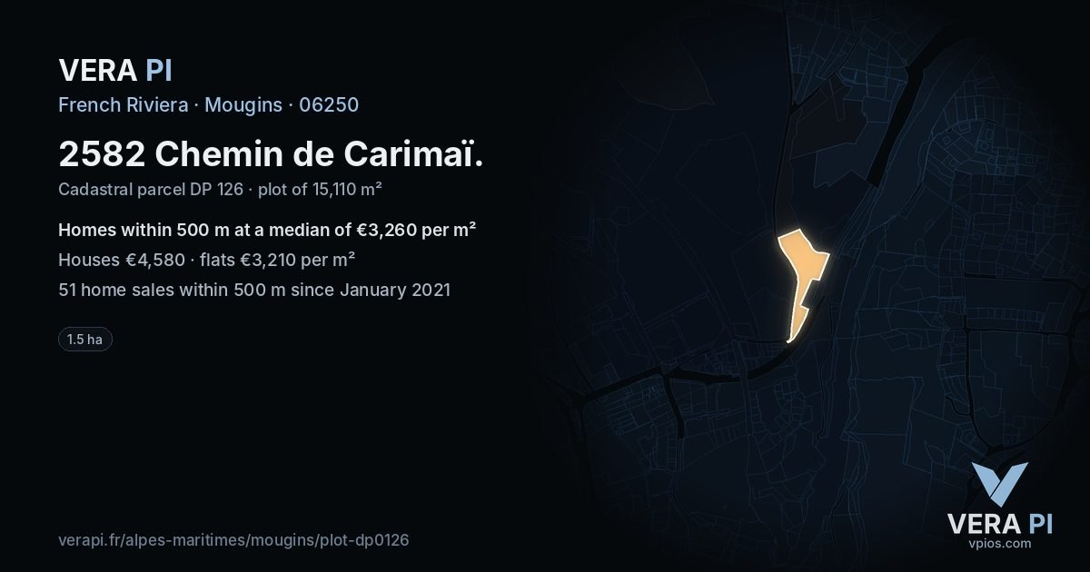 2582 Chemin de Carimaï, Mougins at night – the plot lit, the parcels around coloured by the prices near them