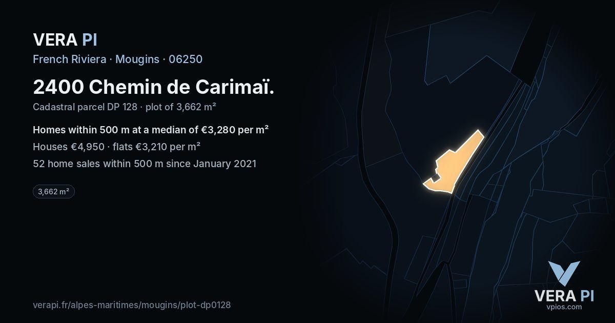 2400 Chemin de Carimaï, Mougins at night – the plot lit, the parcels around coloured by the prices near them