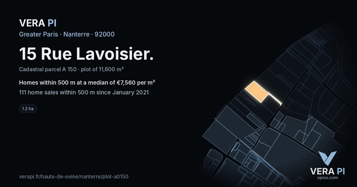 15 Rue Lavoisier, Nanterre at night – the plot lit, the parcels around coloured by the prices near them