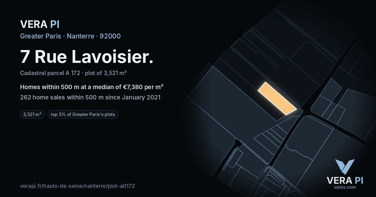 7 Rue Lavoisier, Nanterre at night – the plot lit, the parcels around coloured by the prices near them
