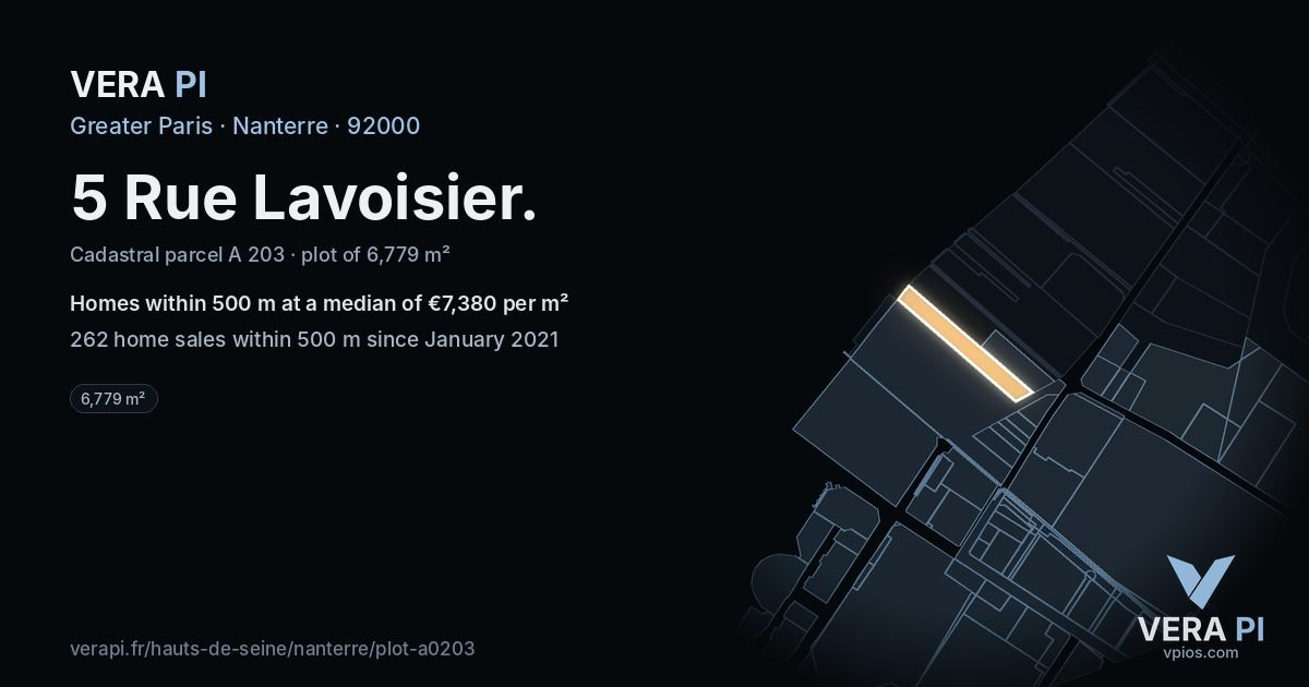 5 Rue Lavoisier, Nanterre at night – the plot lit, the parcels around coloured by the prices near them