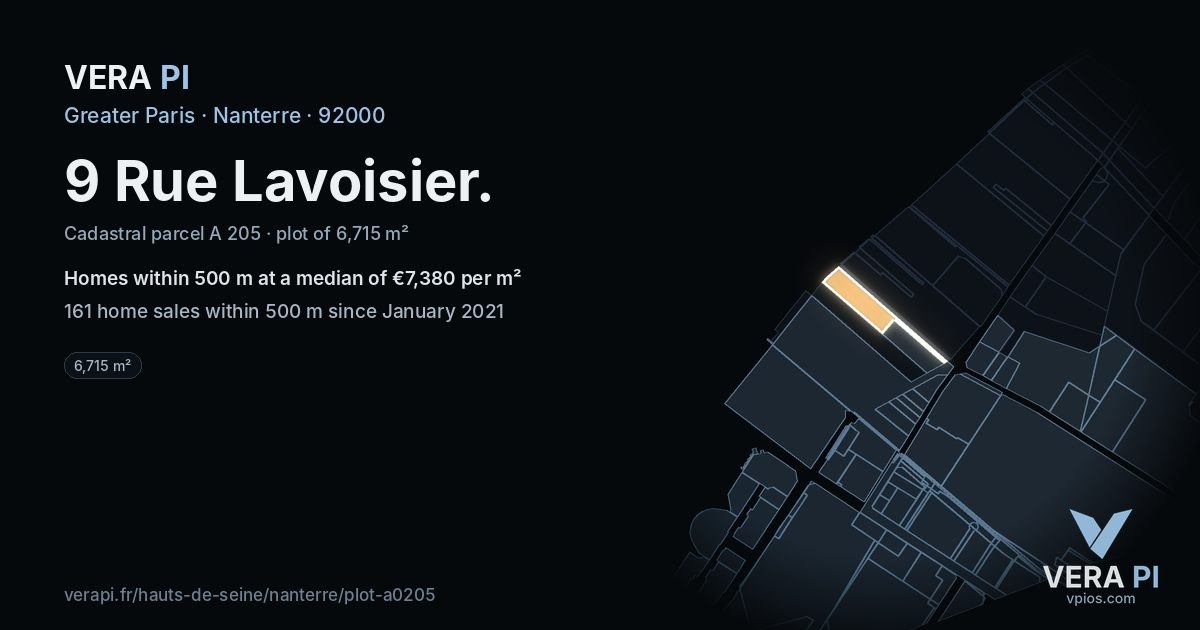 9 Rue Lavoisier, Nanterre at night – the plot lit, the parcels around coloured by the prices near them