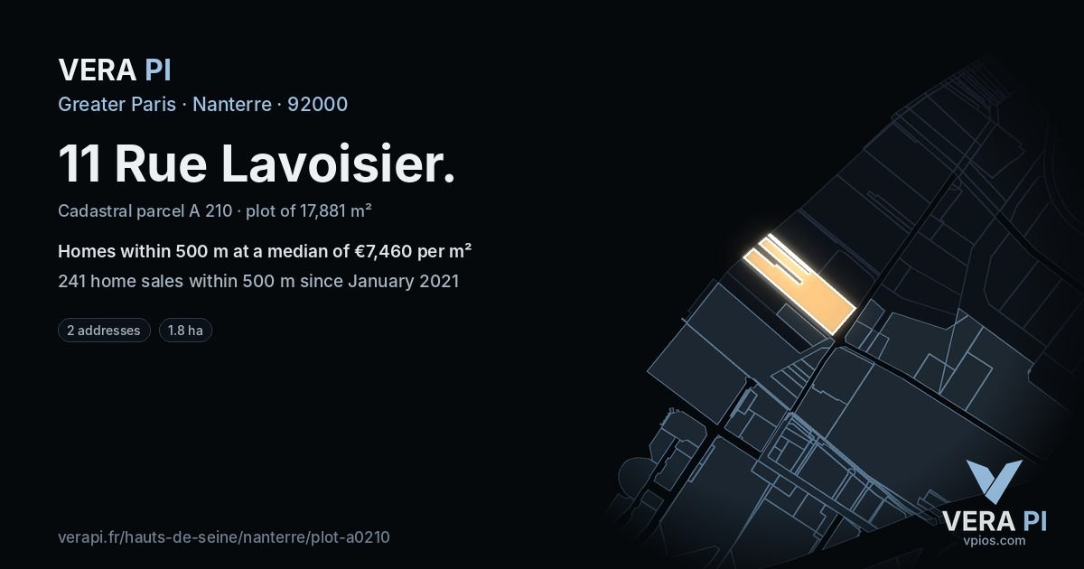 11 Rue Lavoisier, Nanterre at night – the plot lit, the parcels around coloured by the prices near them
