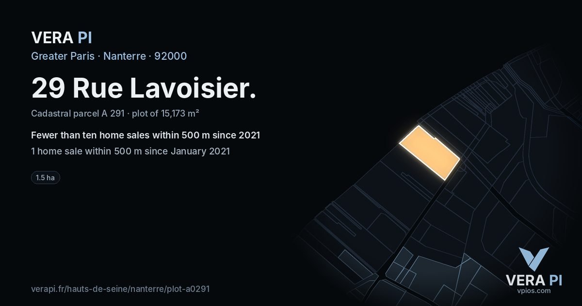 29 Rue Lavoisier, Nanterre at night – the plot lit, the parcels around coloured by the prices near them