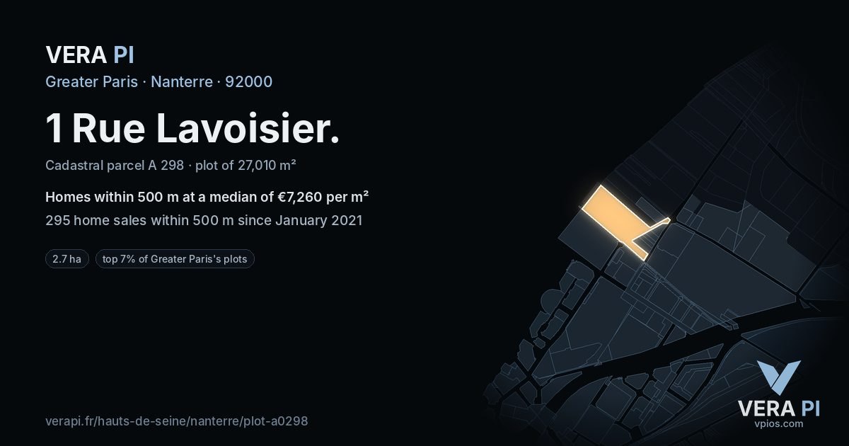 1 Rue Lavoisier, Nanterre at night – the plot lit, the parcels around coloured by the prices near them