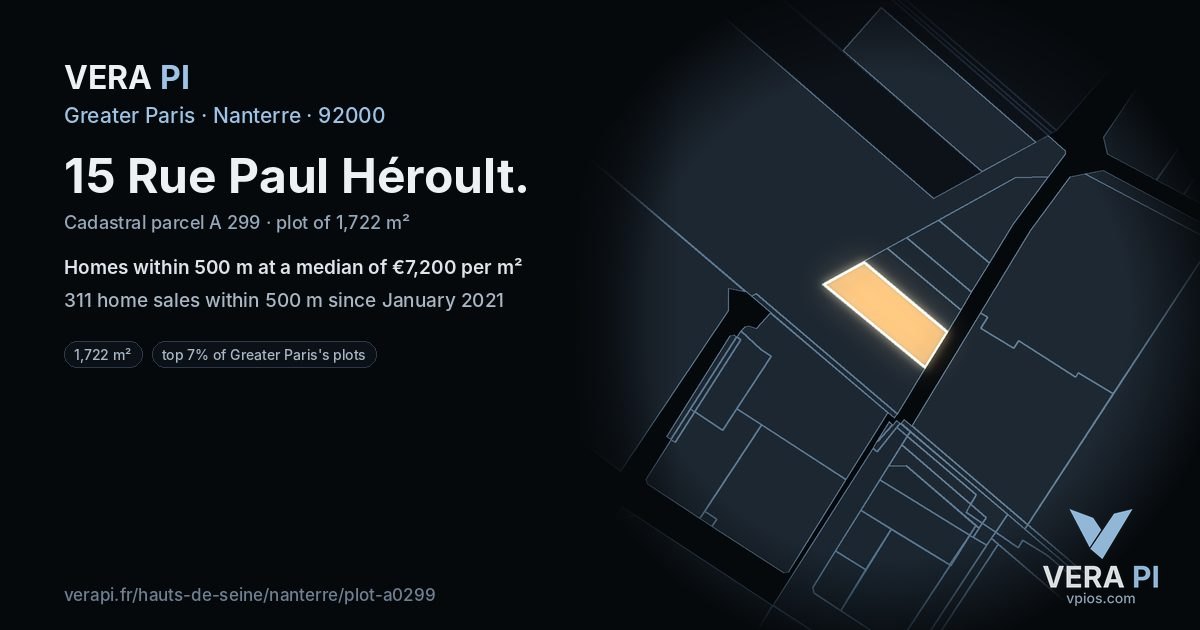 15 Rue Paul Héroult, Nanterre at night – the plot lit, the parcels around coloured by the prices near them