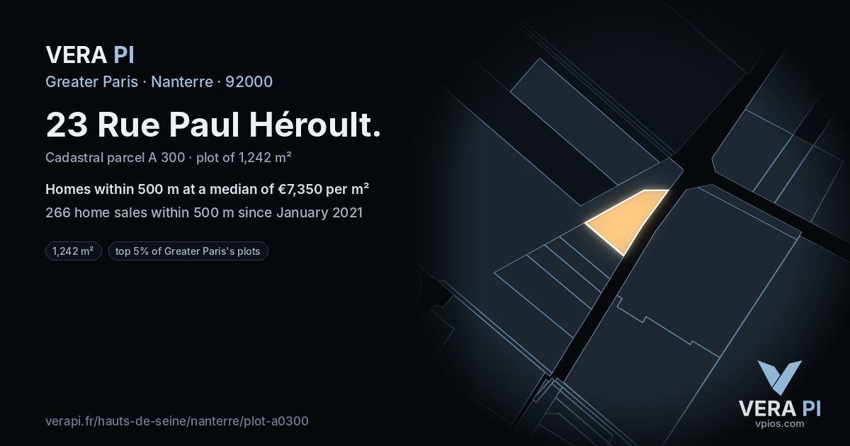 23 Rue Paul Héroult, Nanterre at night – the plot lit, the parcels around coloured by the prices near them