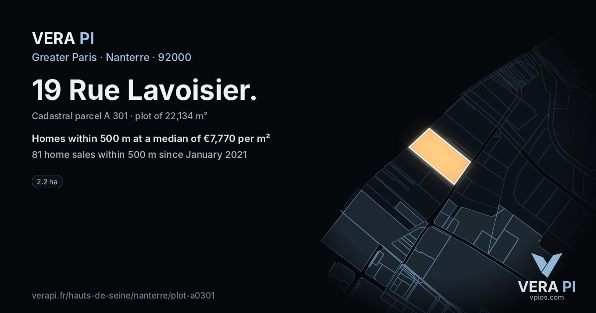 19 Rue Lavoisier, Nanterre at night – the plot lit, the parcels around coloured by the prices near them