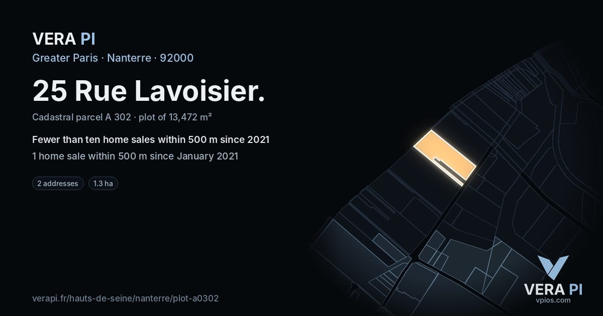 25 Rue Lavoisier, Nanterre at night – the plot lit, the parcels around coloured by the prices near them