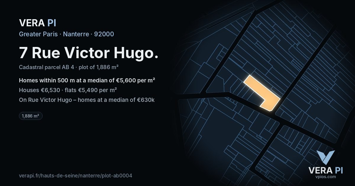 7 Rue Victor Hugo, Nanterre at night – the plot lit, the parcels around coloured by the prices near them