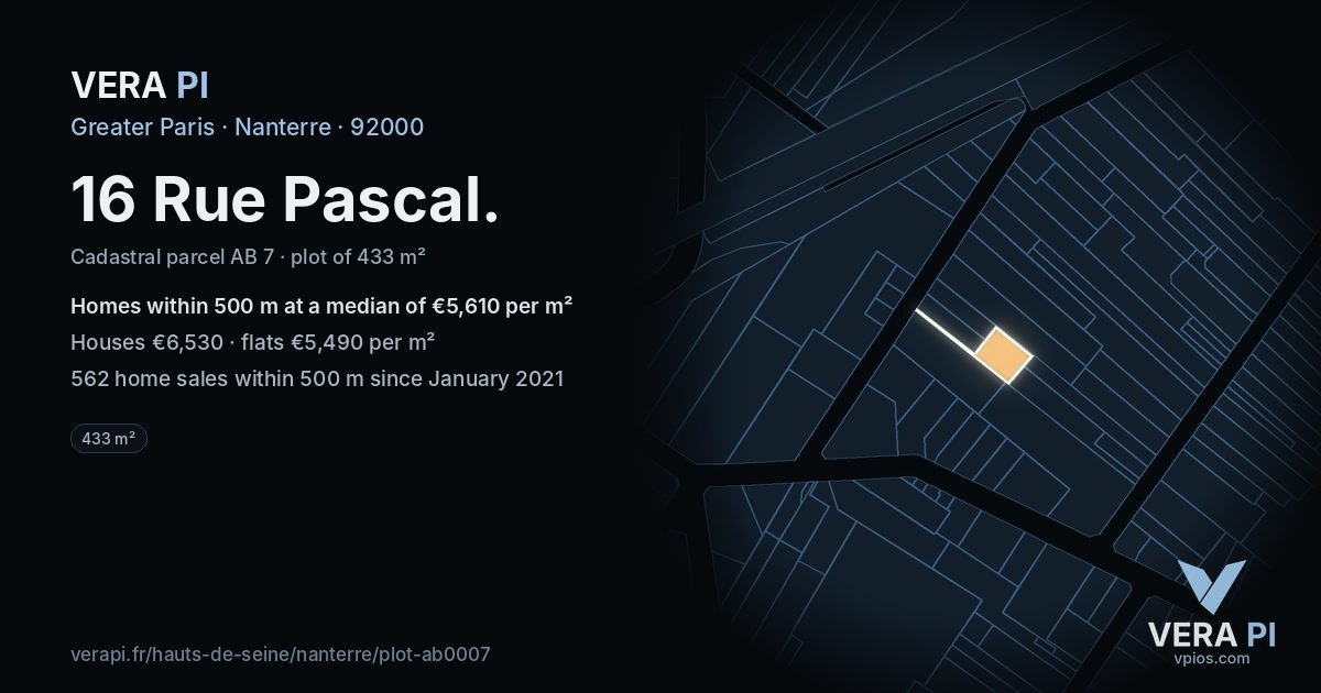 16 Rue Pascal, Nanterre at night – the plot lit, the parcels around coloured by the prices near them