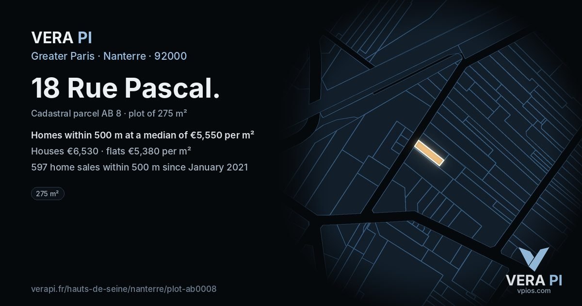 18 Rue Pascal, Nanterre at night – the plot lit, the parcels around coloured by the prices near them