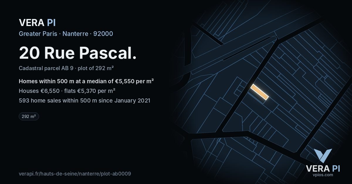 20 Rue Pascal, Nanterre at night – the plot lit, the parcels around coloured by the prices near them