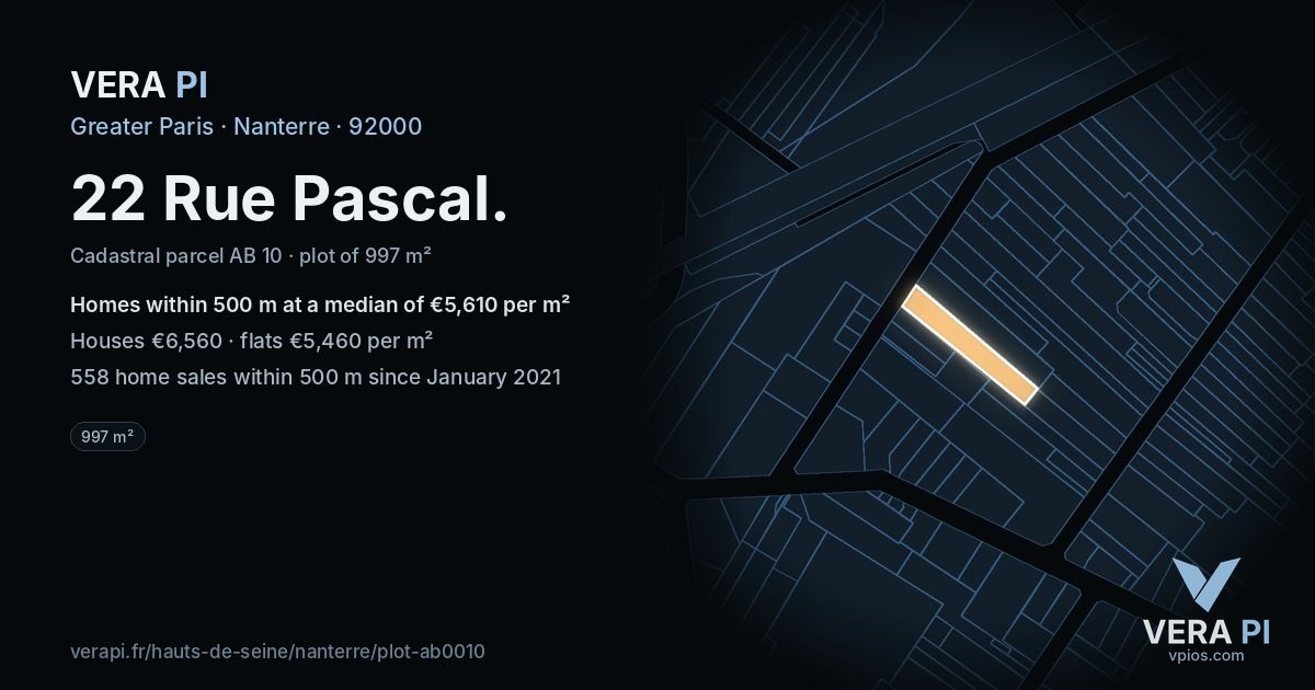22 Rue Pascal, Nanterre at night – the plot lit, the parcels around coloured by the prices near them