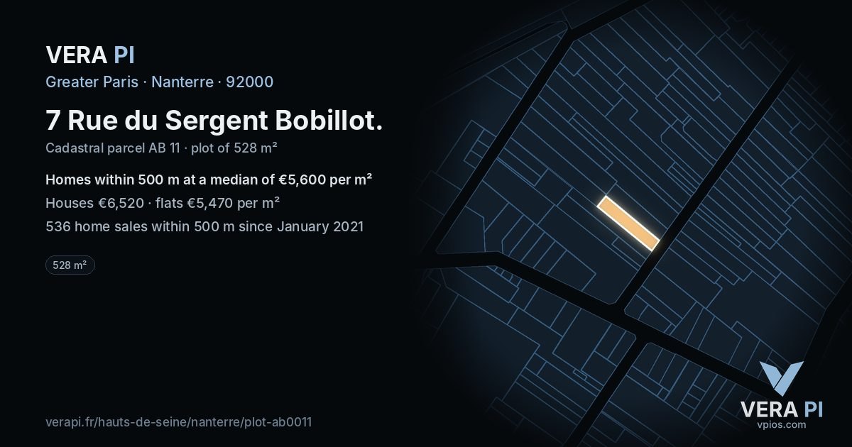 7 Rue du Sergent Bobillot, Nanterre at night – the plot lit, the parcels around coloured by the prices near them