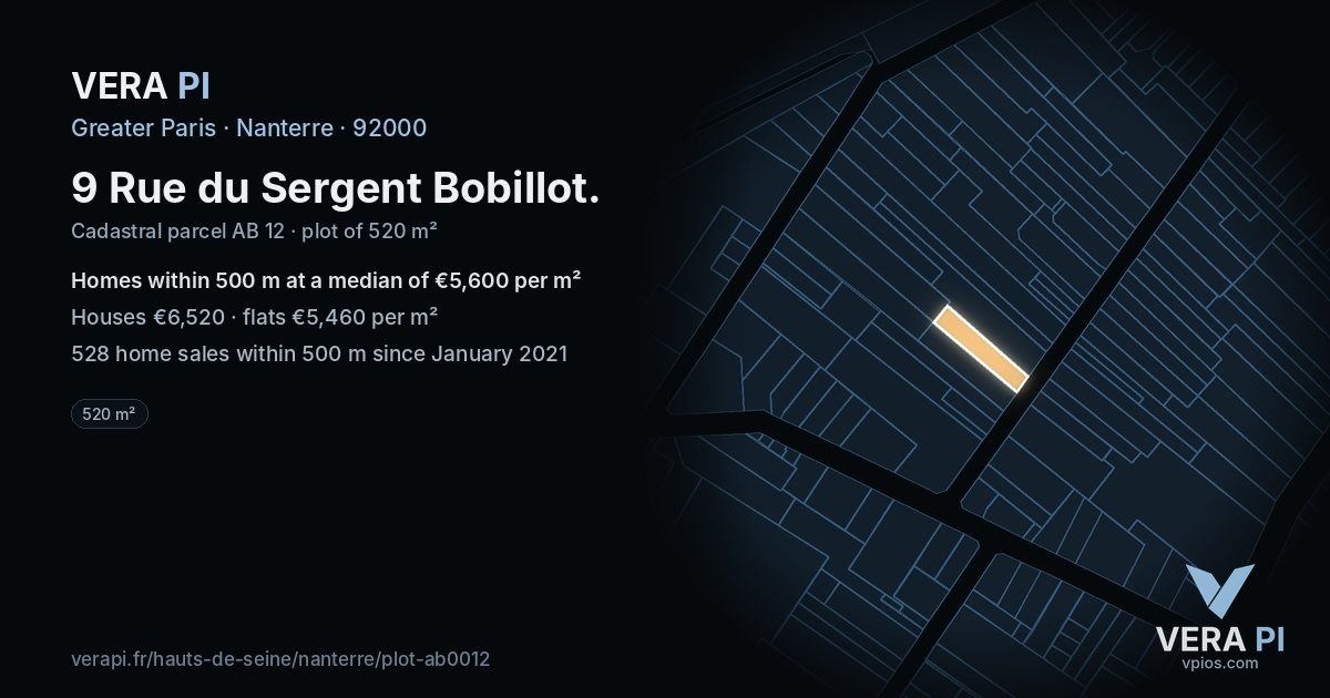 9 Rue du Sergent Bobillot, Nanterre at night – the plot lit, the parcels around coloured by the prices near them