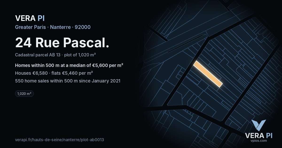 24 Rue Pascal, Nanterre at night – the plot lit, the parcels around coloured by the prices near them