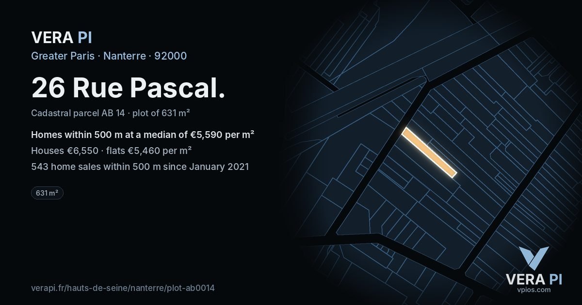 26 Rue Pascal, Nanterre at night – the plot lit, the parcels around coloured by the prices near them