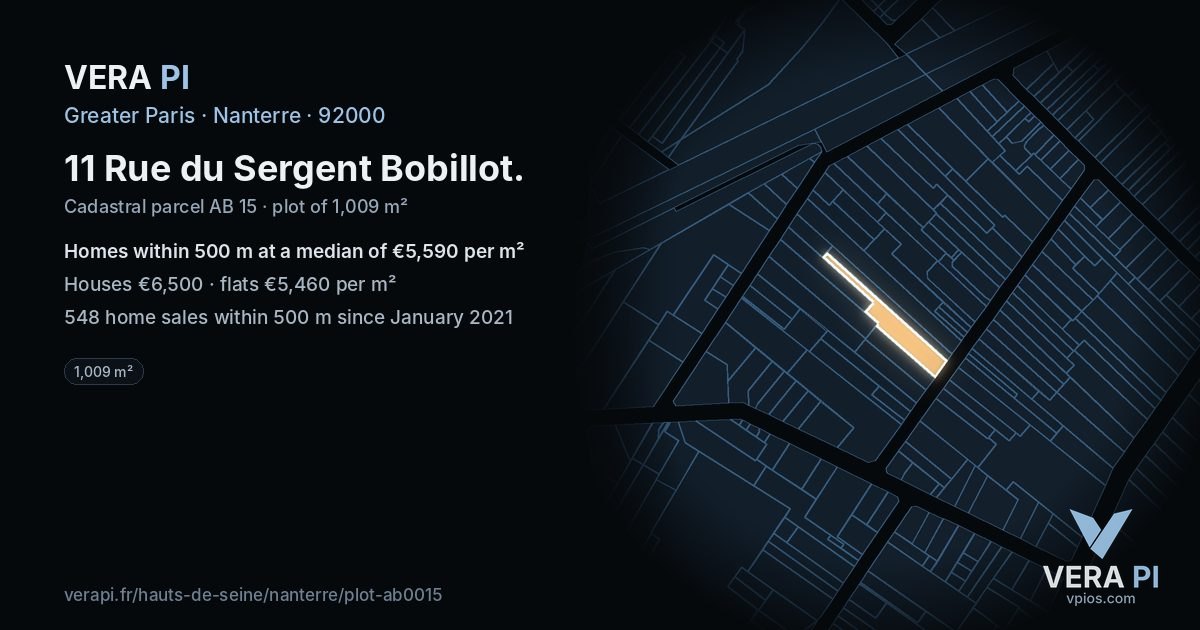 11 Rue du Sergent Bobillot, Nanterre at night – the plot lit, the parcels around coloured by the prices near them