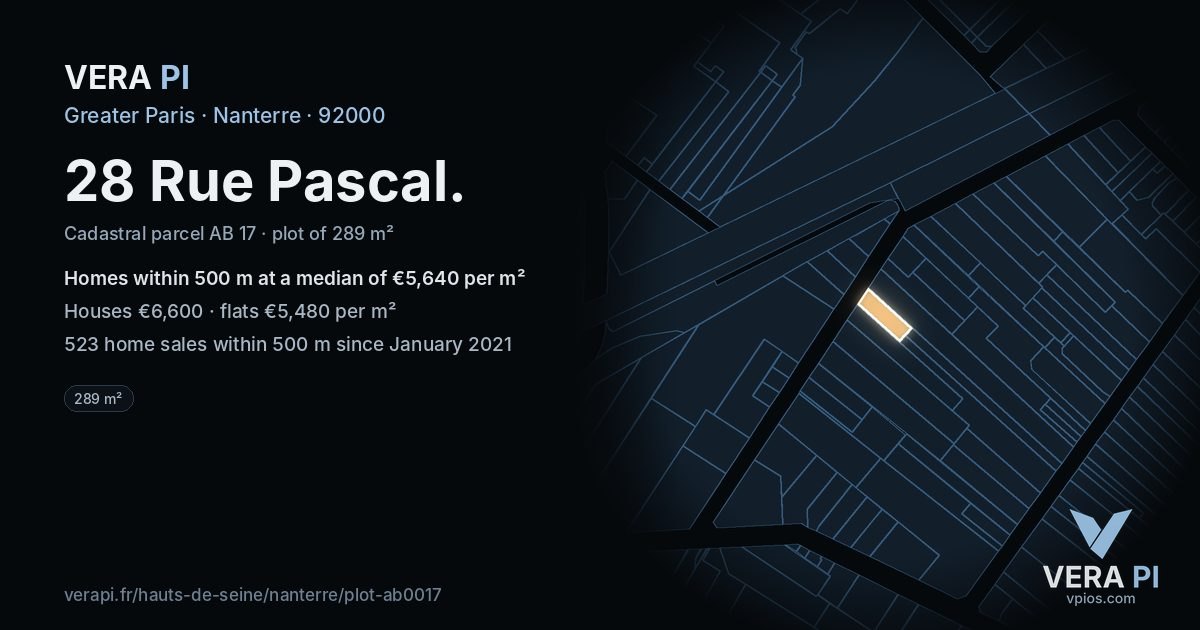 28 Rue Pascal, Nanterre at night – the plot lit, the parcels around coloured by the prices near them