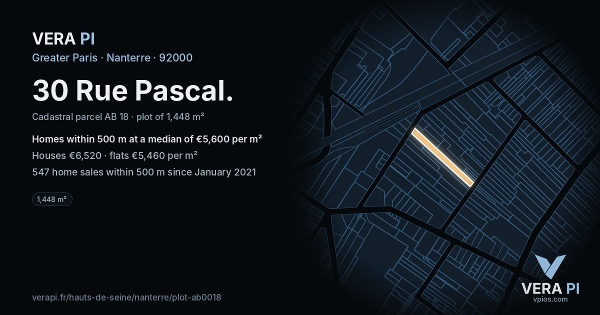 30 Rue Pascal, Nanterre at night – the plot lit, the parcels around coloured by the prices near them