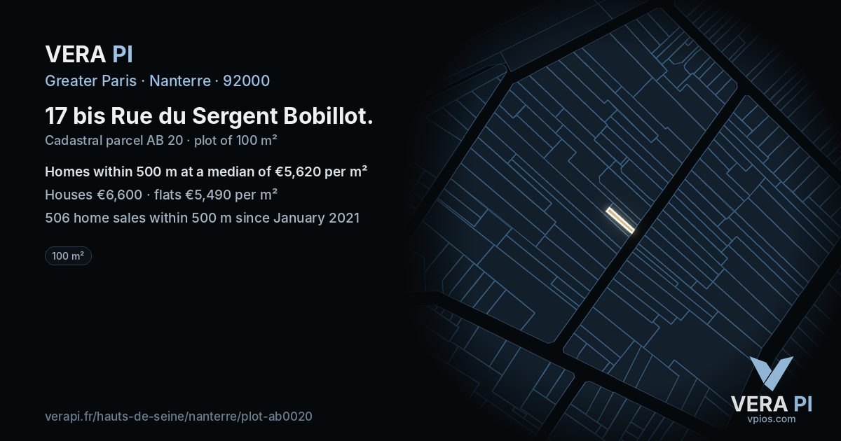 17 bis Rue du Sergent Bobillot, Nanterre at night – the plot lit, the parcels around coloured by the prices near them