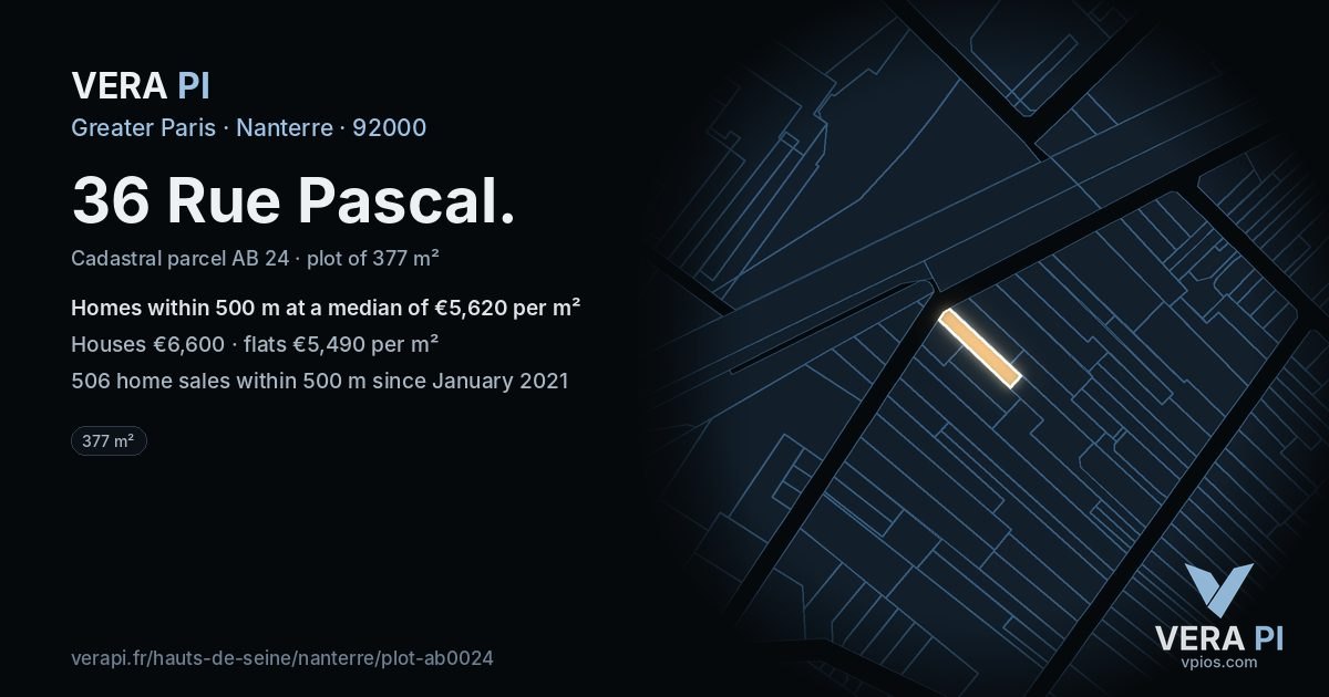 36 Rue Pascal, Nanterre at night – the plot lit, the parcels around coloured by the prices near them
