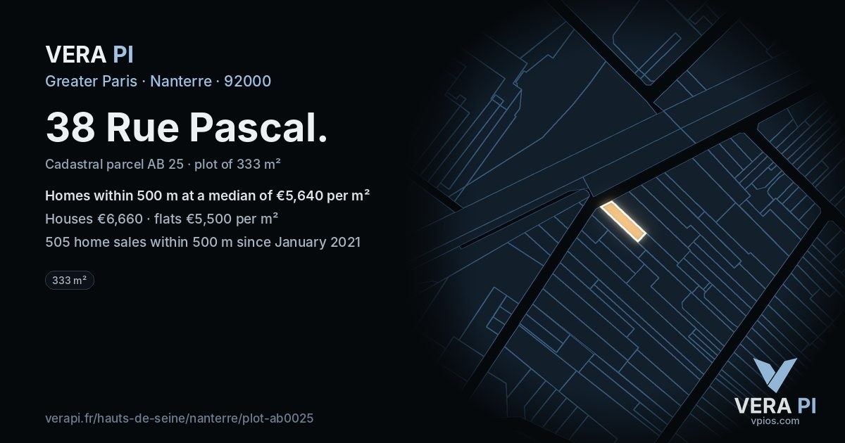 38 Rue Pascal, Nanterre at night – the plot lit, the parcels around coloured by the prices near them