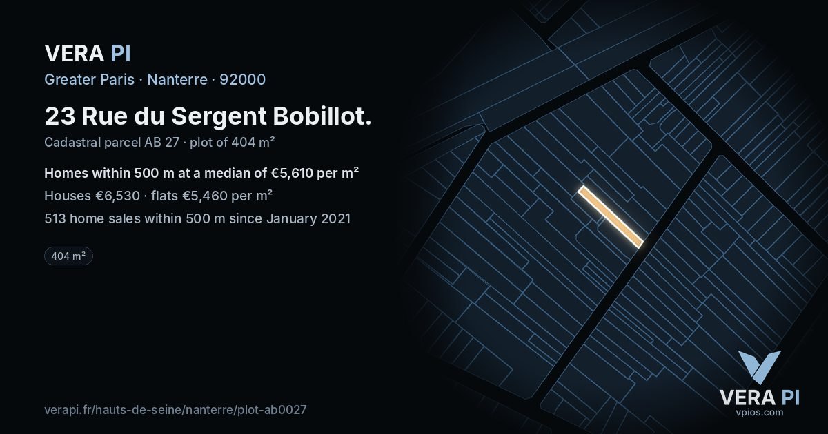 23 Rue du Sergent Bobillot, Nanterre at night – the plot lit, the parcels around coloured by the prices near them