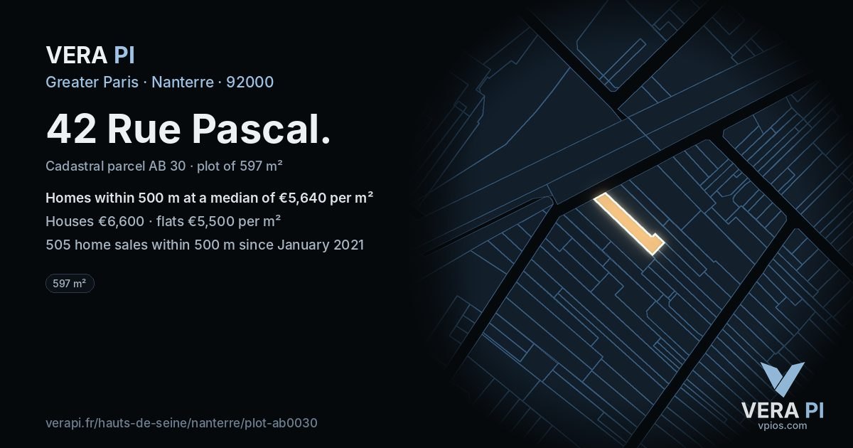 42 Rue Pascal, Nanterre at night – the plot lit, the parcels around coloured by the prices near them