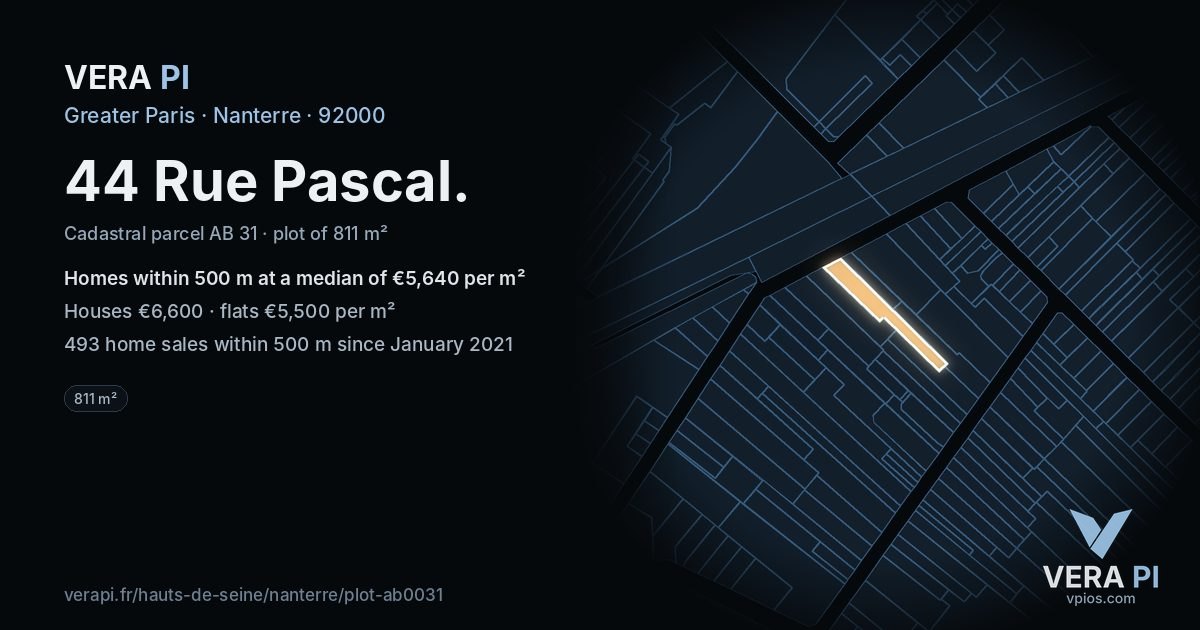 44 Rue Pascal, Nanterre at night – the plot lit, the parcels around coloured by the prices near them