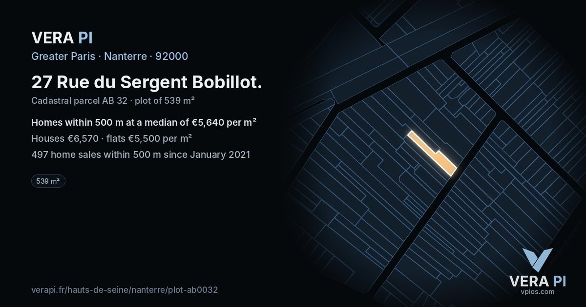 27 Rue du Sergent Bobillot, Nanterre at night – the plot lit, the parcels around coloured by the prices near them