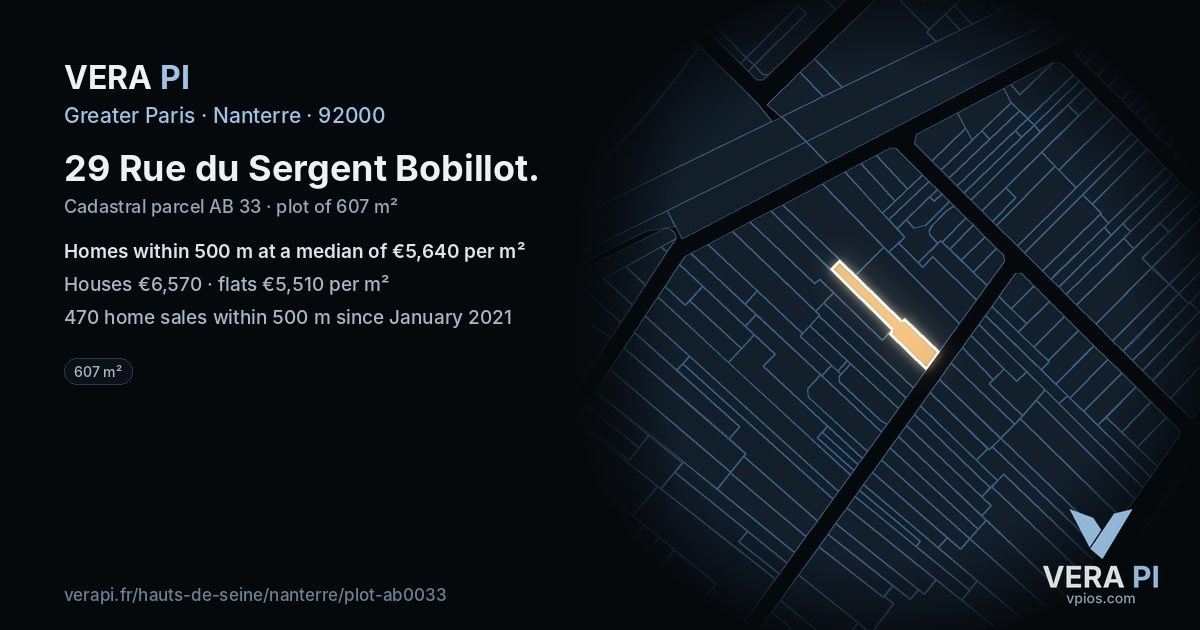 29 Rue du Sergent Bobillot, Nanterre at night – the plot lit, the parcels around coloured by the prices near them