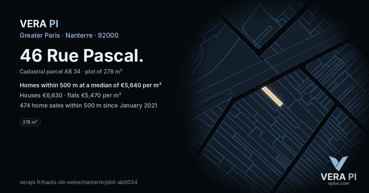 46 Rue Pascal, Nanterre at night – the plot lit, the parcels around coloured by the prices near them