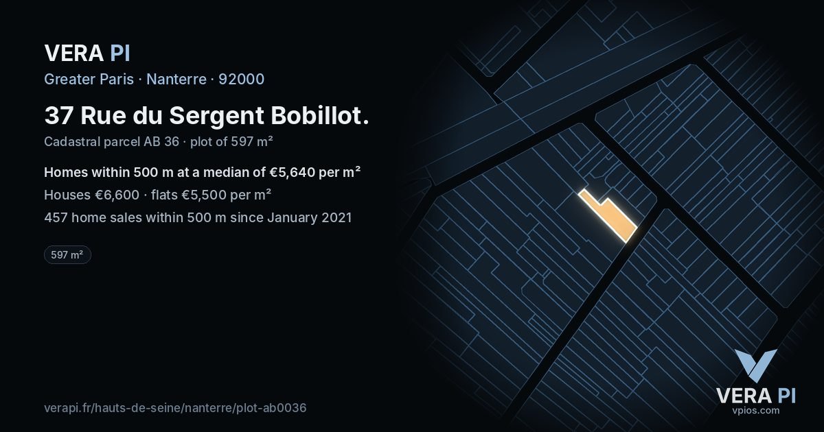 37 Rue du Sergent Bobillot, Nanterre at night – the plot lit, the parcels around coloured by the prices near them