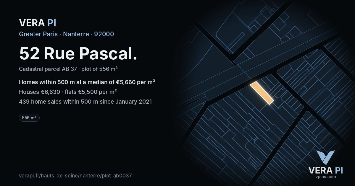 52 Rue Pascal, Nanterre at night – the plot lit, the parcels around coloured by the prices near them
