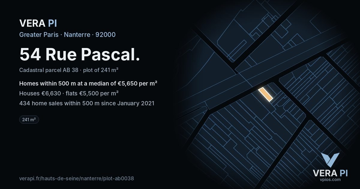 54 Rue Pascal, Nanterre at night – the plot lit, the parcels around coloured by the prices near them