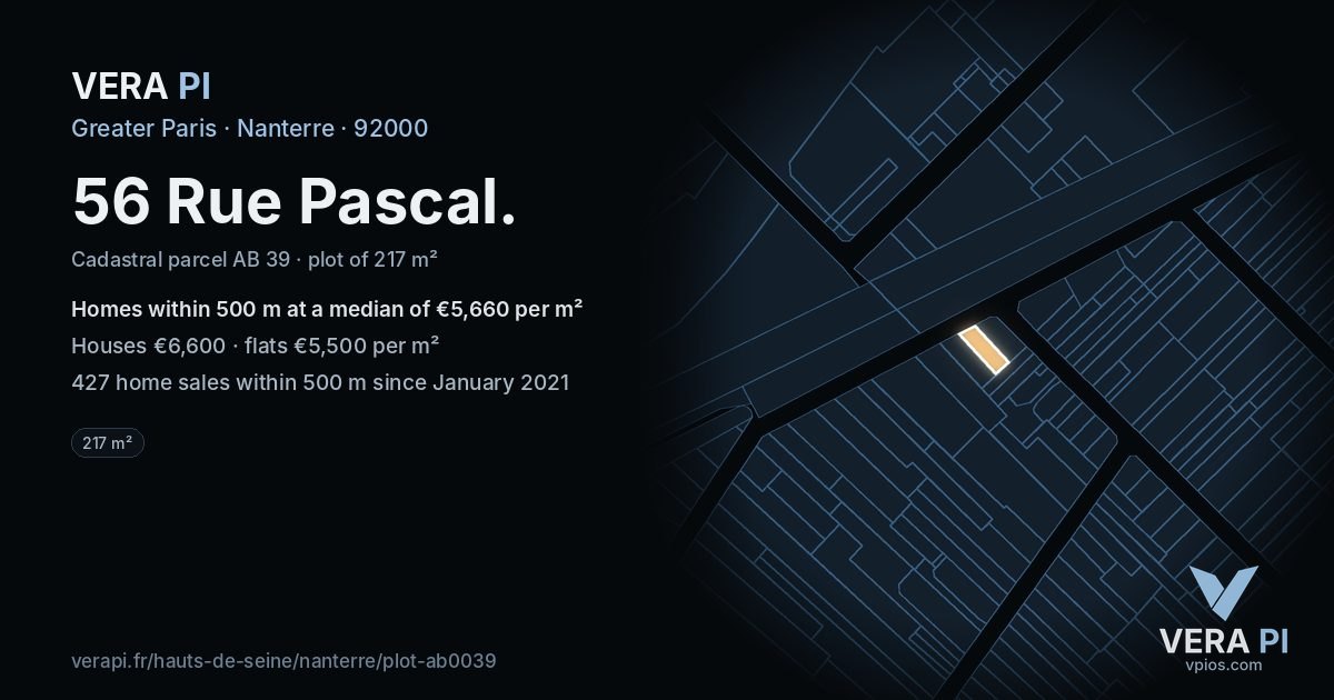 56 Rue Pascal, Nanterre at night – the plot lit, the parcels around coloured by the prices near them