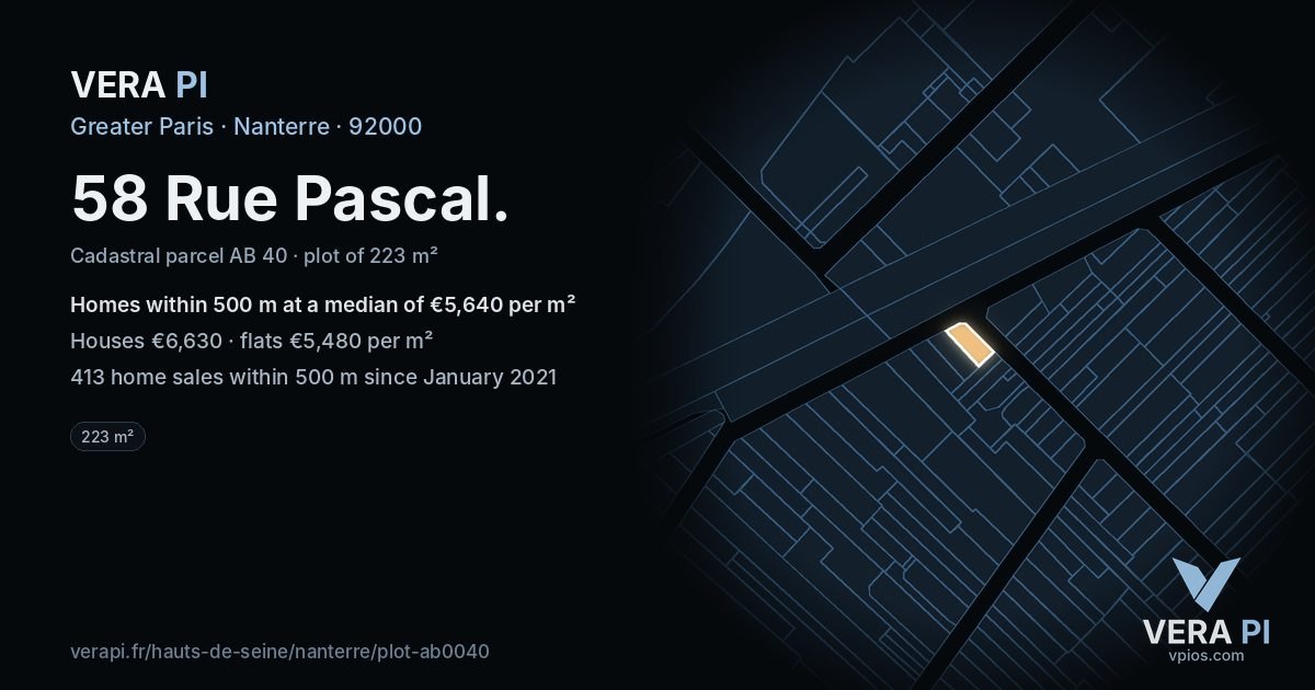 58 Rue Pascal, Nanterre at night – the plot lit, the parcels around coloured by the prices near them