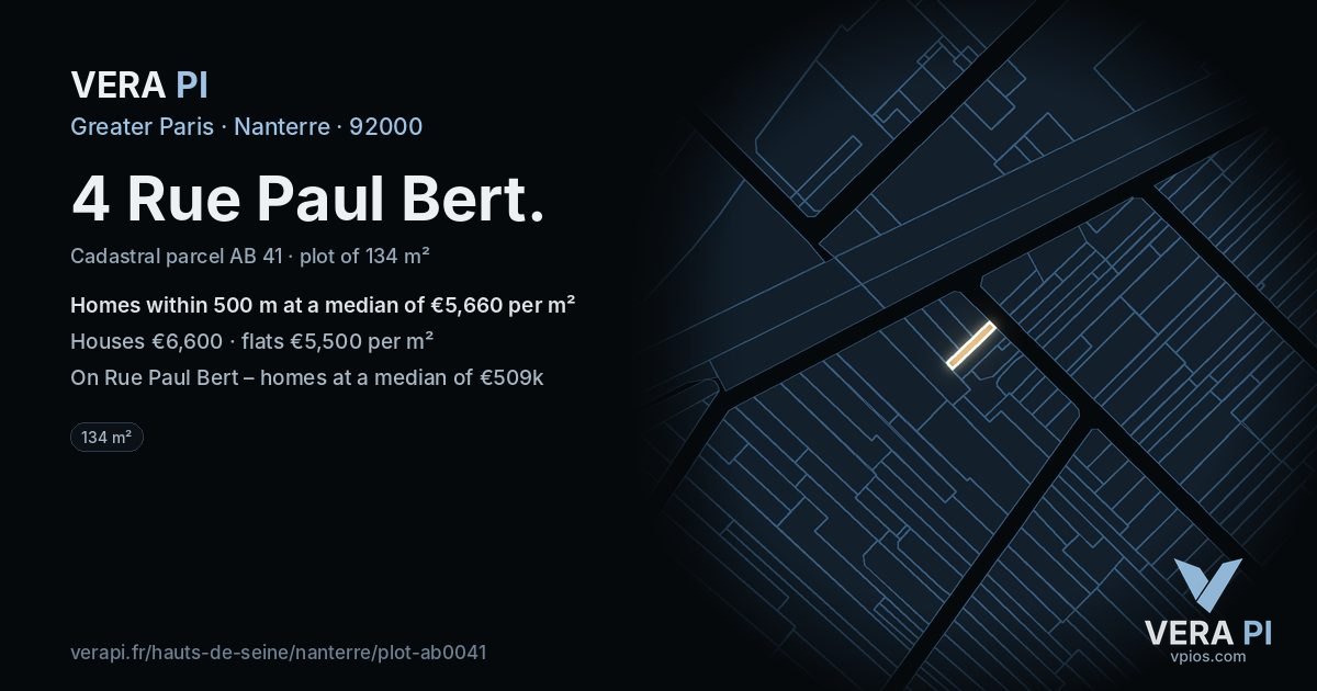 4 Rue Paul Bert, Nanterre at night – the plot lit, the parcels around coloured by the prices near them