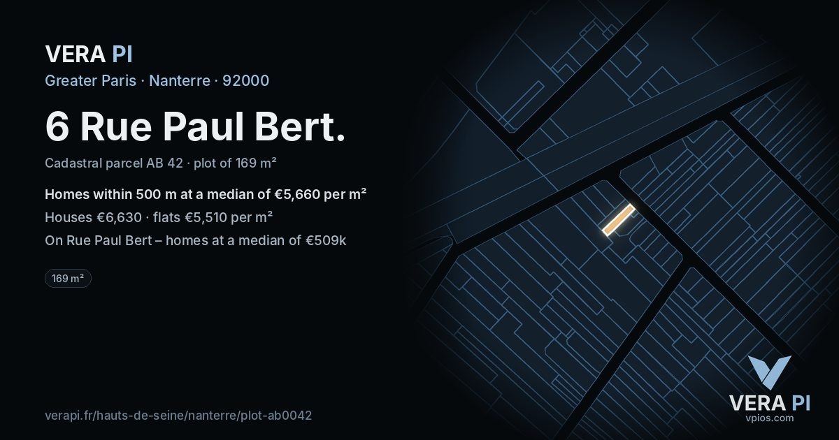 6 Rue Paul Bert, Nanterre at night – the plot lit, the parcels around coloured by the prices near them
