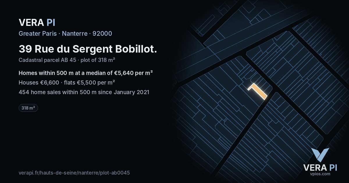 39 Rue du Sergent Bobillot, Nanterre at night – the plot lit, the parcels around coloured by the prices near them