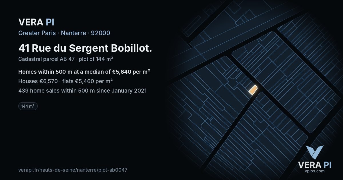 41 Rue du Sergent Bobillot, Nanterre at night – the plot lit, the parcels around coloured by the prices near them