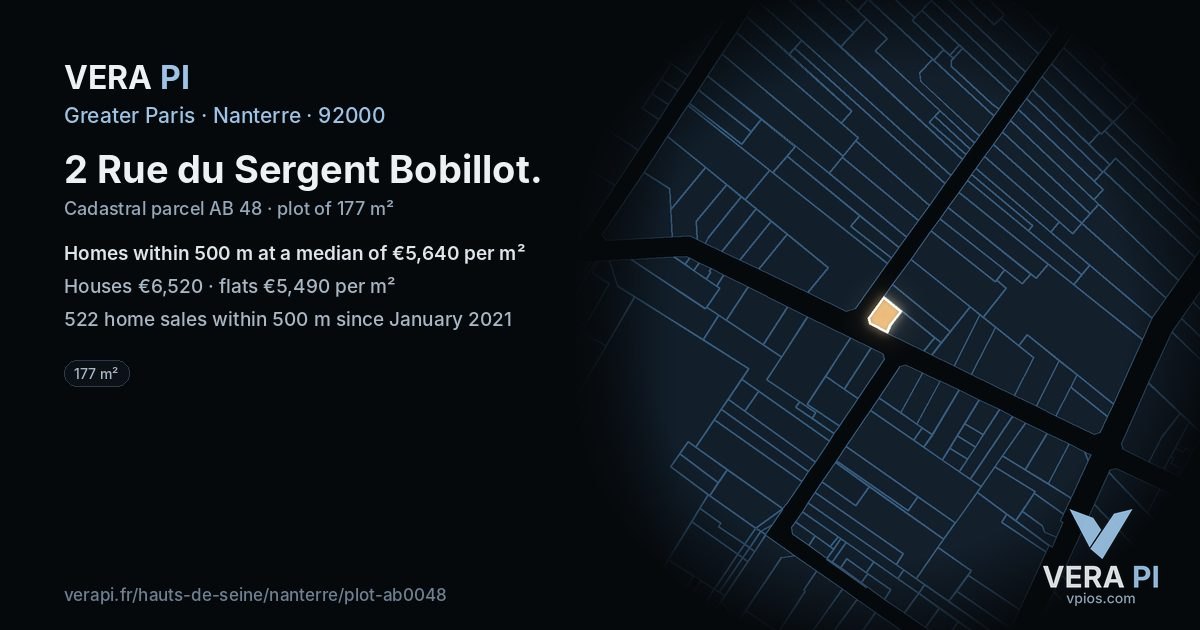 2 Rue du Sergent Bobillot, Nanterre at night – the plot lit, the parcels around coloured by the prices near them
