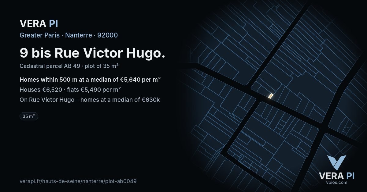 9 bis Rue Victor Hugo, Nanterre at night – the plot lit, the parcels around coloured by the prices near them