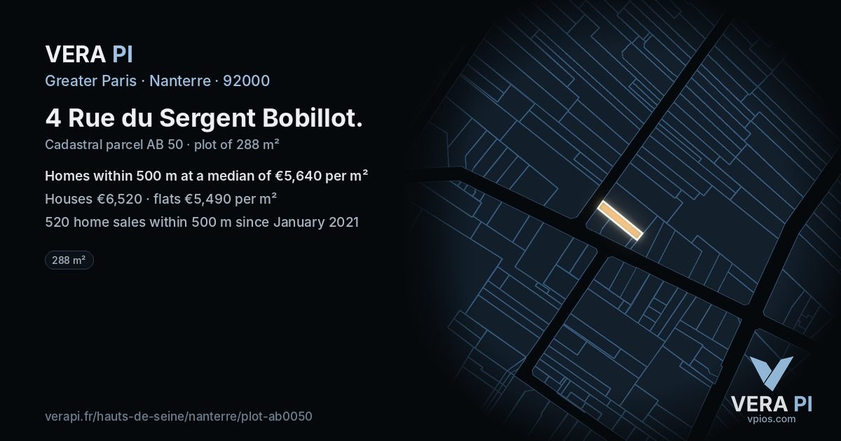4 Rue du Sergent Bobillot, Nanterre at night – the plot lit, the parcels around coloured by the prices near them