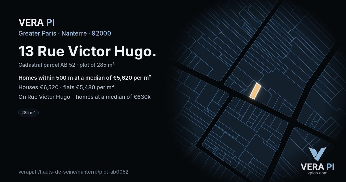 13 Rue Victor Hugo, Nanterre at night – the plot lit, the parcels around coloured by the prices near them