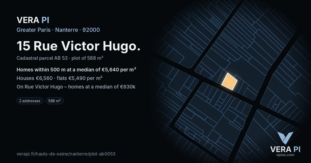 15 Rue Victor Hugo, Nanterre at night – the plot lit, the parcels around coloured by the prices near them