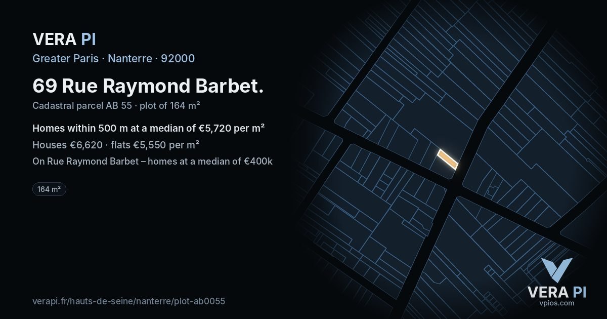 69 Rue Raymond Barbet, Nanterre at night – the plot lit, the parcels around coloured by the prices near them