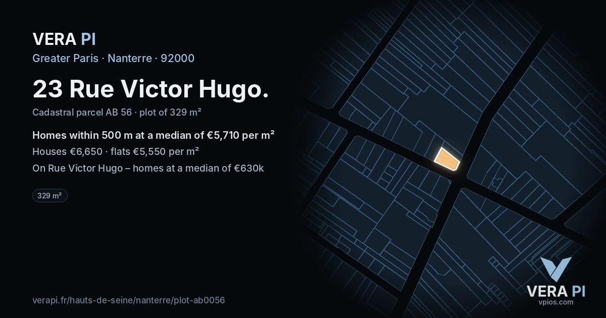 23 Rue Victor Hugo, Nanterre at night – the plot lit, the parcels around coloured by the prices near them